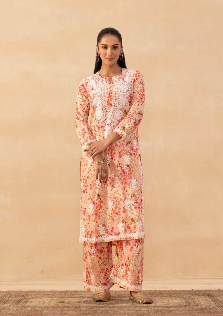 Ruhaab Mulmul Chikankari Kurti Pallazo Set Peach