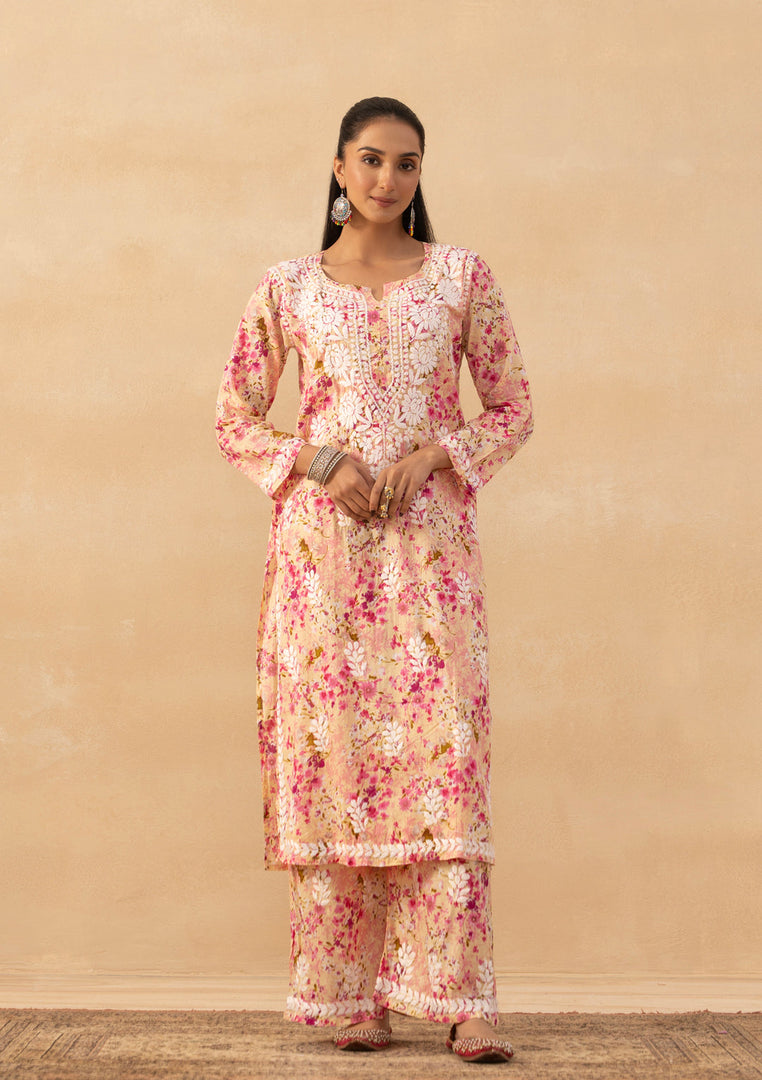 Ruhaab Mulmul Chikankari Kurti Pallazo Set Pink