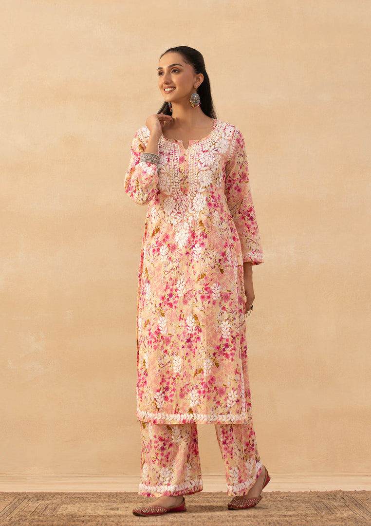Ruhaab Mulmul Chikankari Kurti Pallazo Set