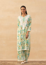 Ruhaab Mulmul Chikankari Kurti Pallazo Set Sea-Green