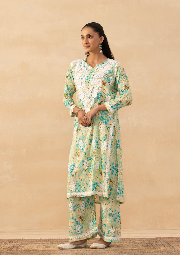 Ruhaab Mulmul Chikankari Kurti Pallazo Set