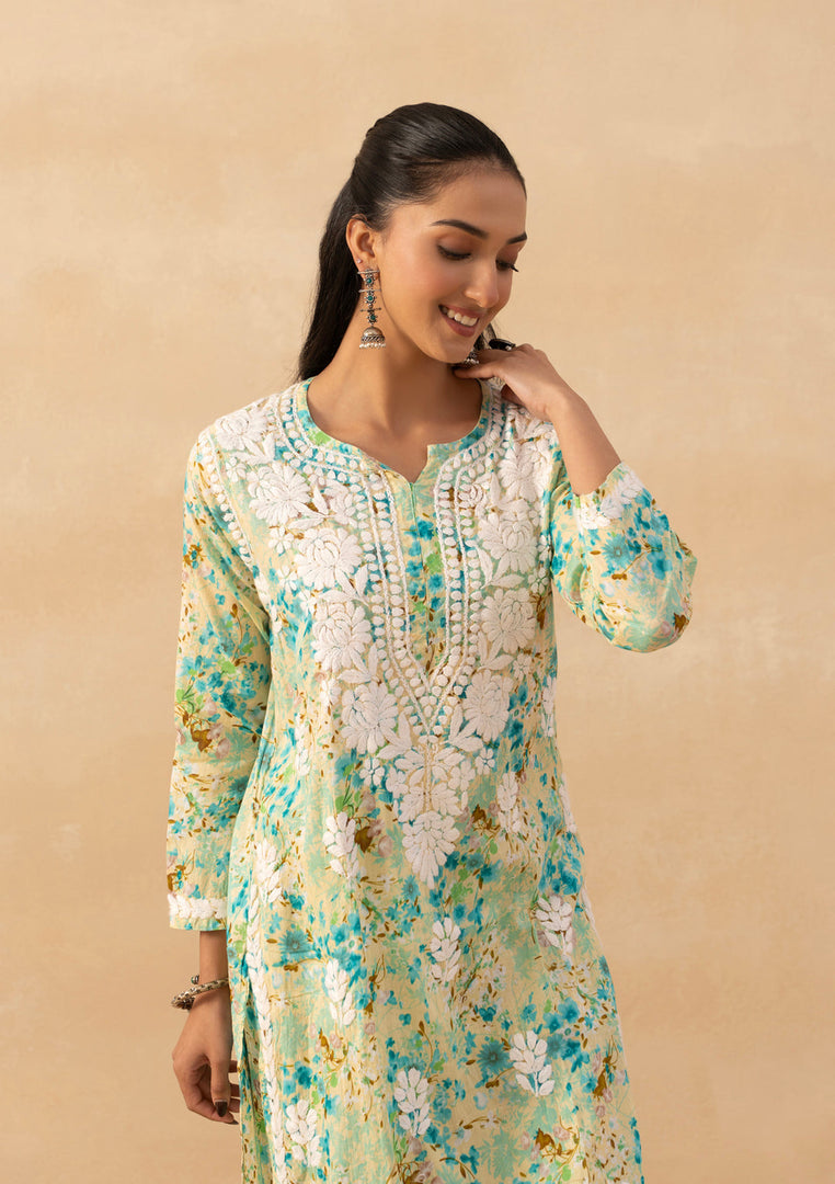 Ruhaab Mulmul Chikankari Kurti Pallazo Set