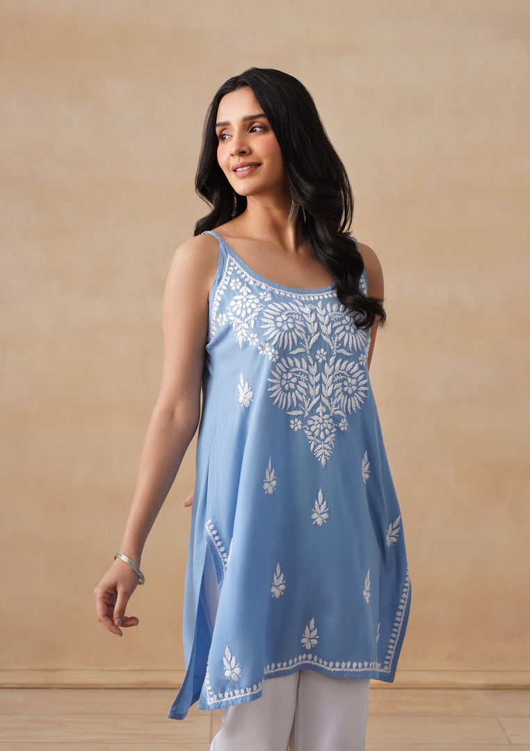 Boho Strappy Sleeveless Chikankari Kurti - The Lucknowi Chikan 