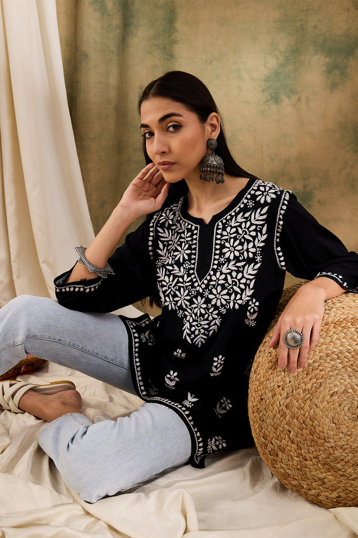 Jiva Rayon Short Chikankari Kurti - The Lucknowi Chikan 