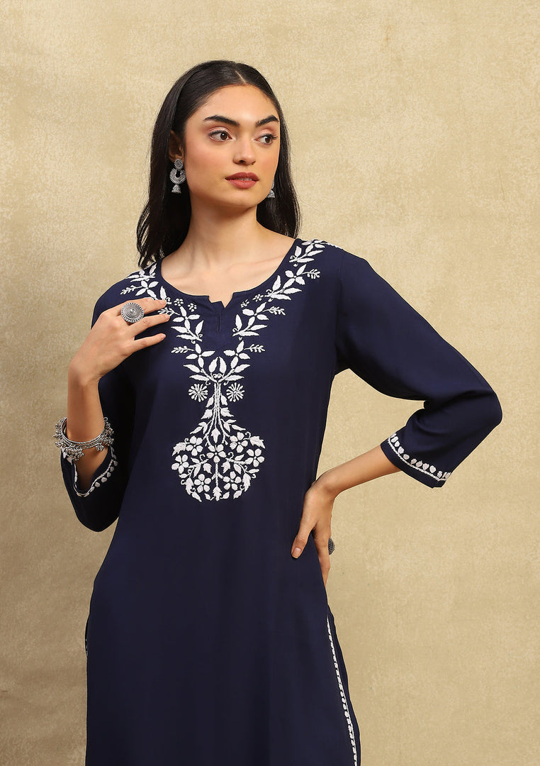 Daftar Rayon Chikankari Solid Women's 2 PC Long Kurta Set