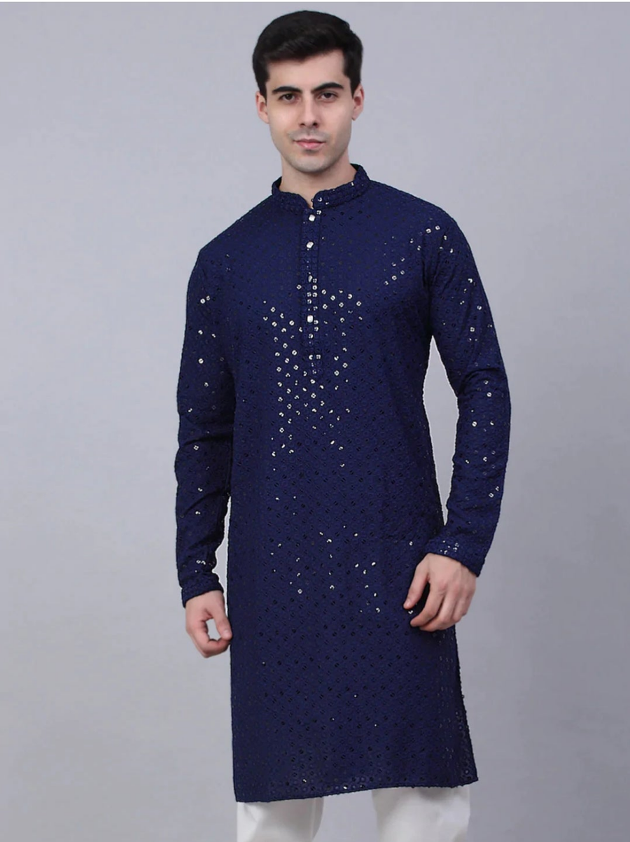 Nawab Mens Hakuba Sequence Chikankari Kurta & Pyjama Set