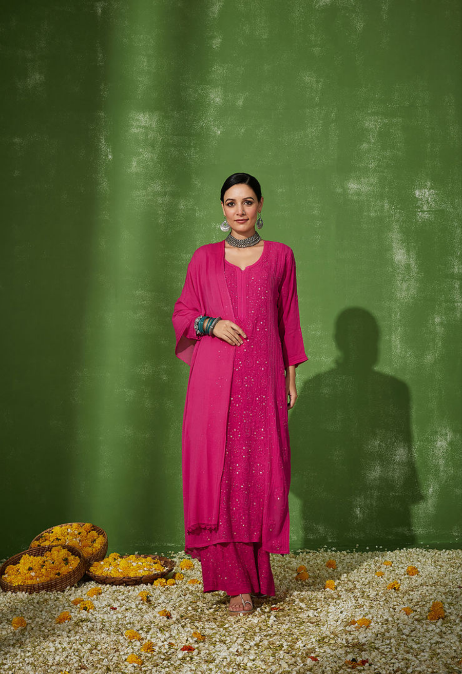 Nagma Premium Chikankari Mukaish Kurti Set Magenta-Pink