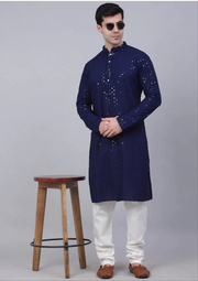 Nawab Mens Hakuba Sequence Chikankari Kurta & Pyjama Set