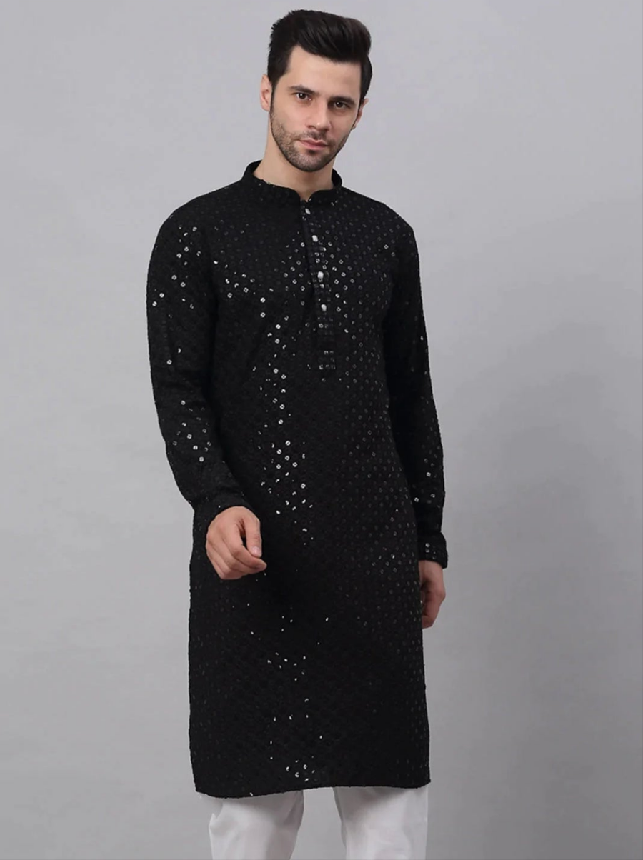 Nawab Mens Hakuba Sequence Chikankari Kurta & Pyjama Set