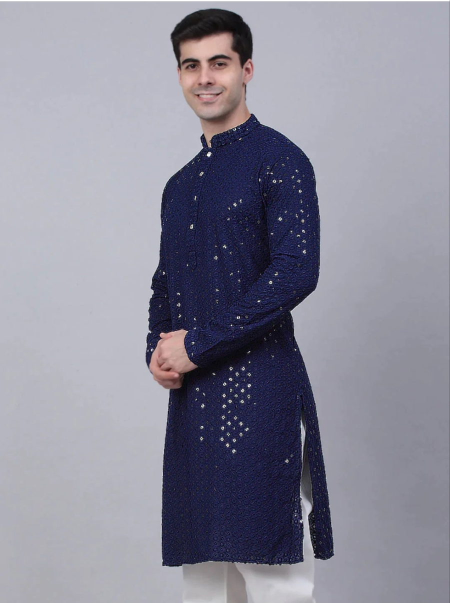 Nawab Mens Hakuba Sequence Chikankari Kurta & Pyjama Set Navy Blue