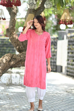 Load image into Gallery viewer, Ulfat Rayon Mukaish Chikankari Kurti Peach