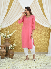 Ulfat Rayon Mukaish Chikankari Kurti Peach