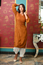 Load image into Gallery viewer, Ulfat Rayon Mukaish Chikankari Kurti Brown