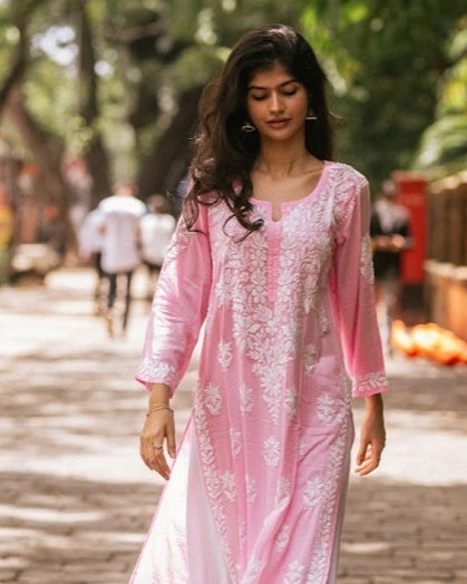 Bela Premium Baby Pink Chikankari Long Kurta