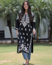 Najuk Modal Chikankari Straight Kurti Black