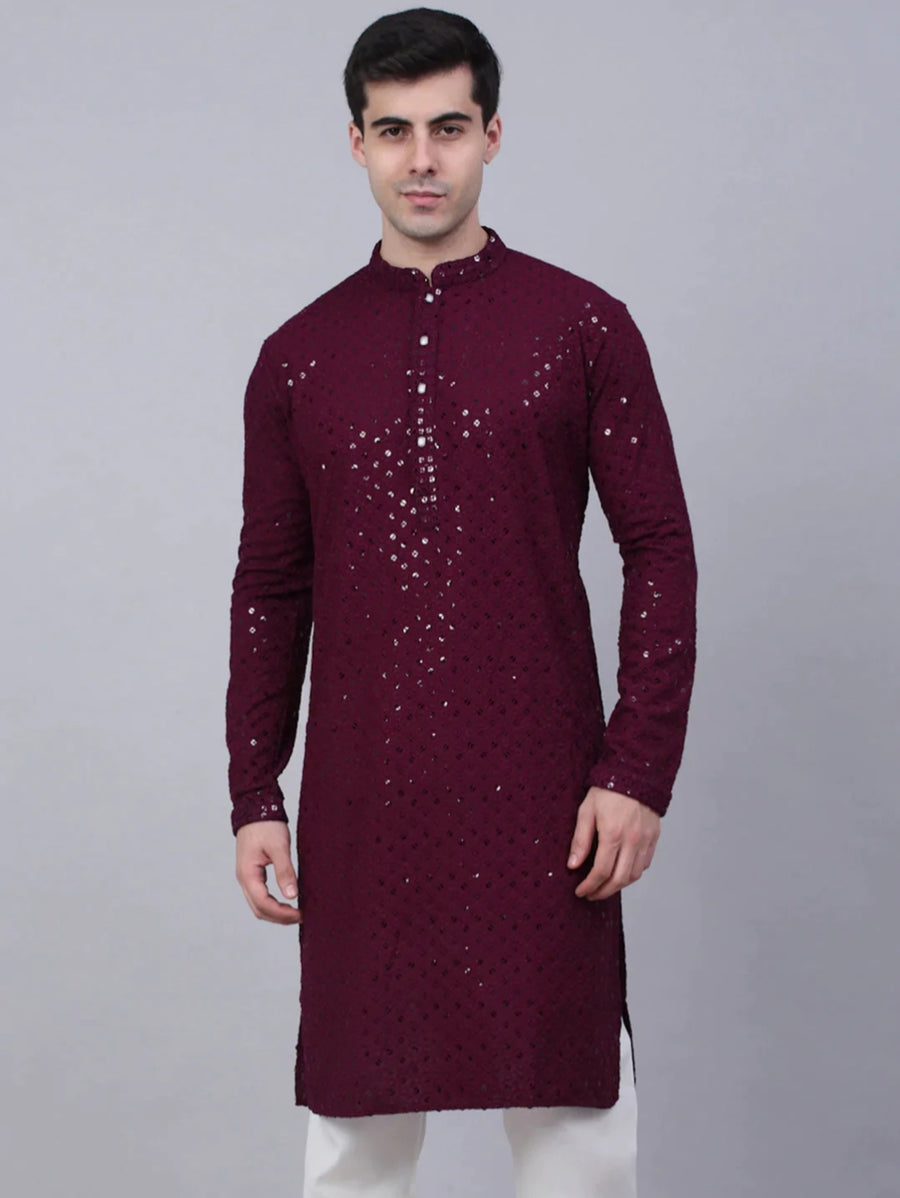 Nawab Mens Hakuba Sequence Chikankari Kurta & Pyjama Set Wine