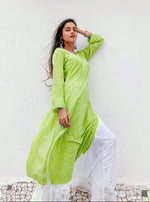 Load image into Gallery viewer, Mira Viscose Mukaish Long Chikankari Kurti Parrot Green

