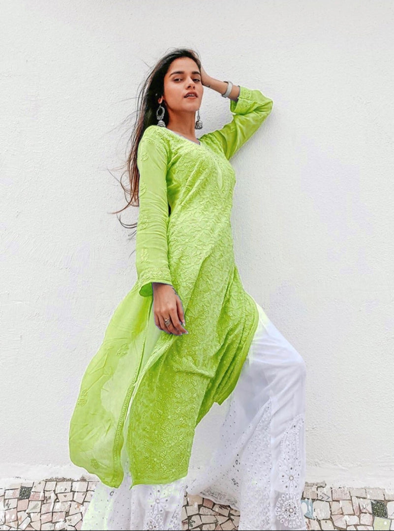 Mira Viscose Mukaish Long Chikankari Kurti Parrot Green