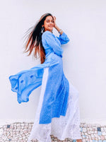 Load image into Gallery viewer, Mira Viscose Mukaish Long Chikankari Kurti Jordy Blue
