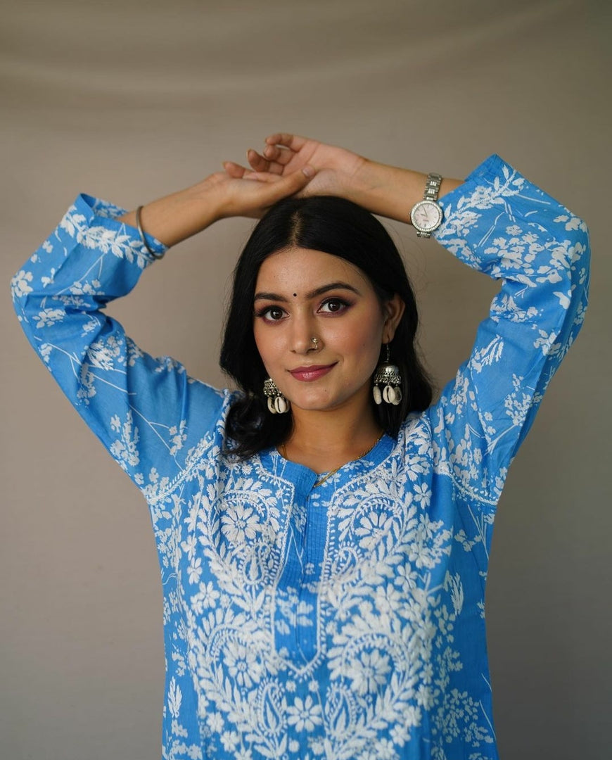 Zainab Chikankari Mulmul Straight Kurti Jordy Blue