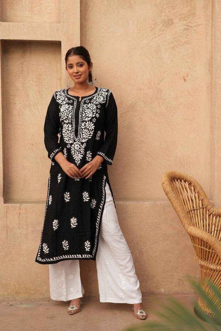 Heer Rayon Chikankari Straight Kurti Black