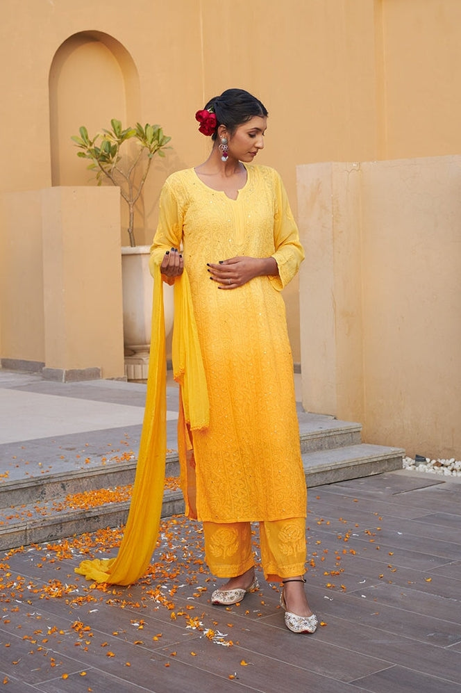 Nagma Premium Chikankari Mukaish Kurti Set Yellow