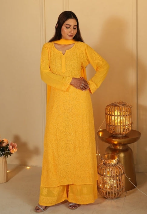 Nagma Premium Chikankari Mukaish Viscose Set Yellow Viscose