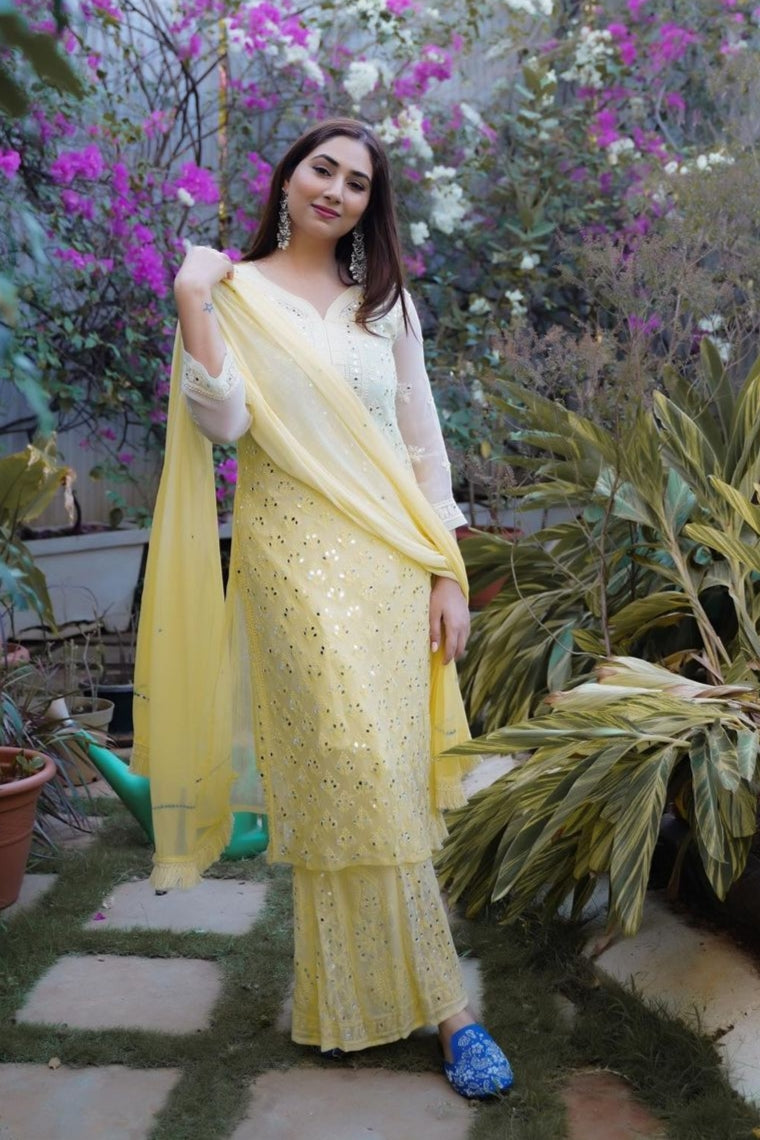 Sitaar Chikankari Mirror Set Lemon Semi Georgette