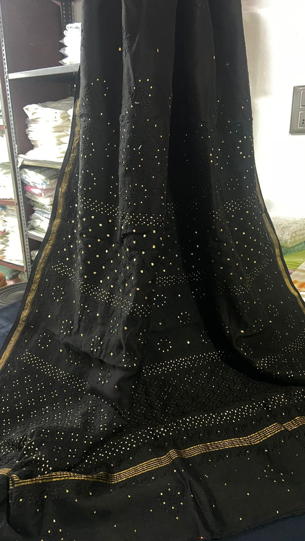 Madhuri Chanderi Silk Mukaish Saree. Black