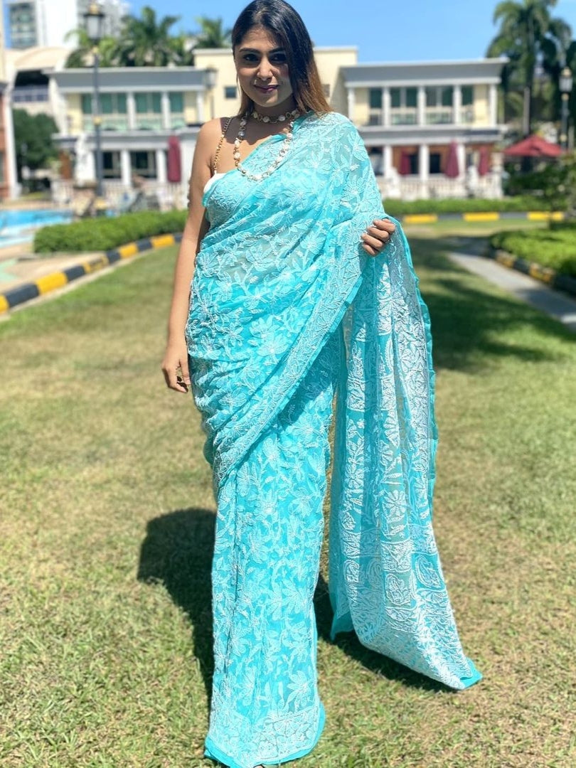 Gulzar Full Jaal Chikankari Saree Sky-Blue