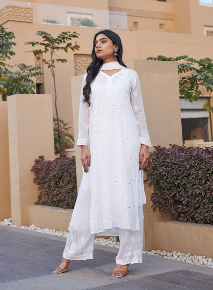 Nagma Premium Chikankari Mukaish Viscose Set White Viscose