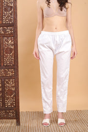 Nikhat Premium Lycra Stretchable Chikankari Pant White Free Size ( 28-42 waist size)