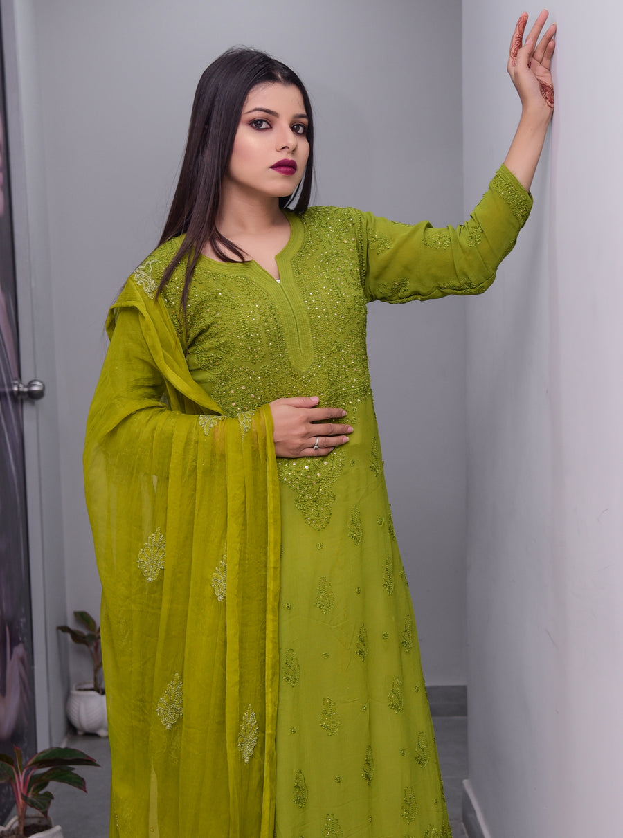 Surmai Viscose Mukaish Chikankari Kurti Mehndi-Green 3XL