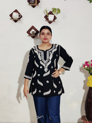 Aafri Rayon Chikankari Short Top Black