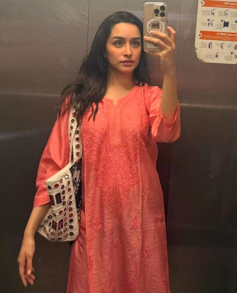 Bakhiya Chanderi Shraddha Kapoor Styled Chikankari Kurti Peach Chanderi Cotton