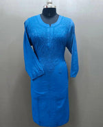 Load image into Gallery viewer, Bakhiya Chanderi Shraddha Kapoor Styled Chikankari Kurti Blue Chanderi Cotton
