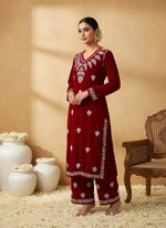 Load image into Gallery viewer, Ojhal Velvet Chikankari Kurti Pallazo Set
