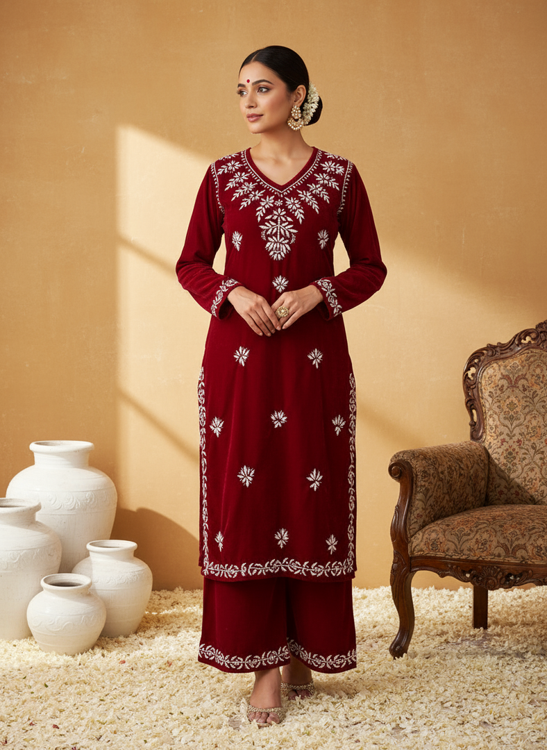 Ojhal Velvet Chikankari Kurti Pallazo Set