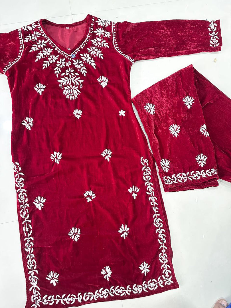 Ojhal Velvet Chikankari Kurti Pallazo Set