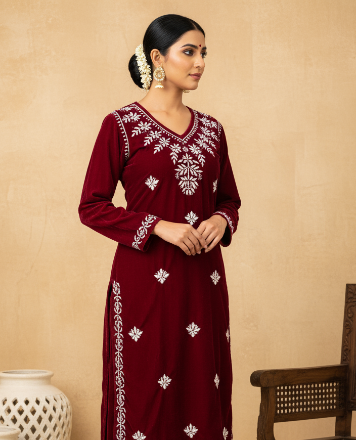 Ojhal Velvet Chikankari Kurti Pallazo Set