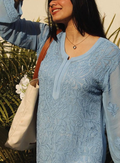 Haniya Viscose Chikankari Straight Kurta Jordy Blue