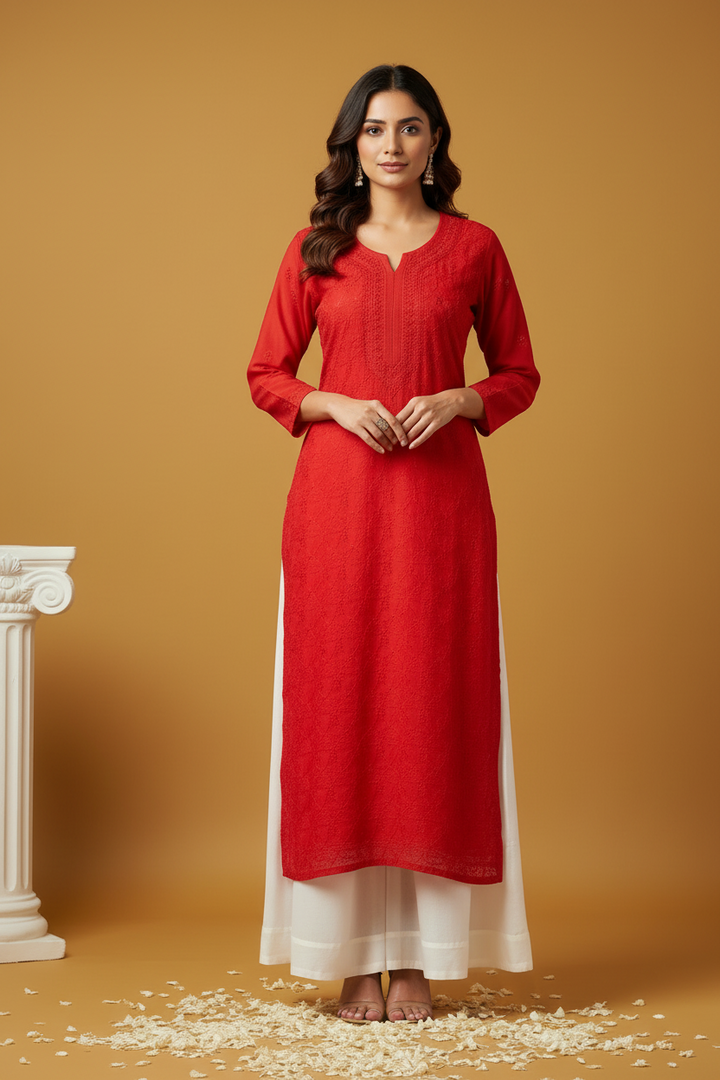Arsh Premium Viscose Chikankari Kurti Red
