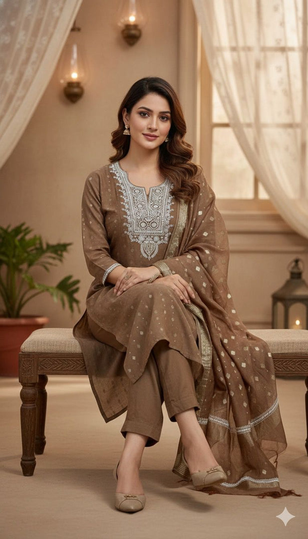 Kahkasha Premium Unstitched Chanderi Silk Suit Set - The Lucknowi Chikan 