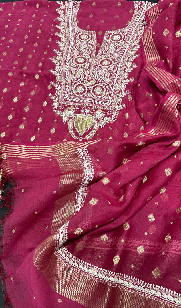 Kahkasha Premium Unstitched Chanderi Silk Suit Set - The Lucknowi Chikan 