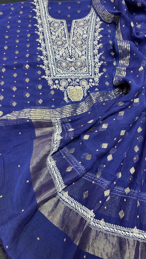 Kahkasha Premium Unstitched Chanderi Silk Suit Set - The Lucknowi Chikan 