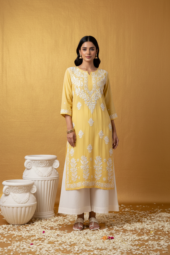 Sanjh Premium Modal Chikankari Kurta Yellow