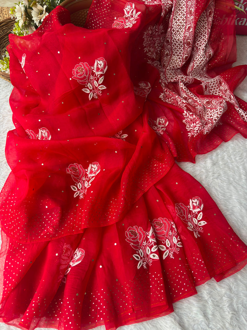 Royal Mandakini Organza Silk Chikankari Saree Red