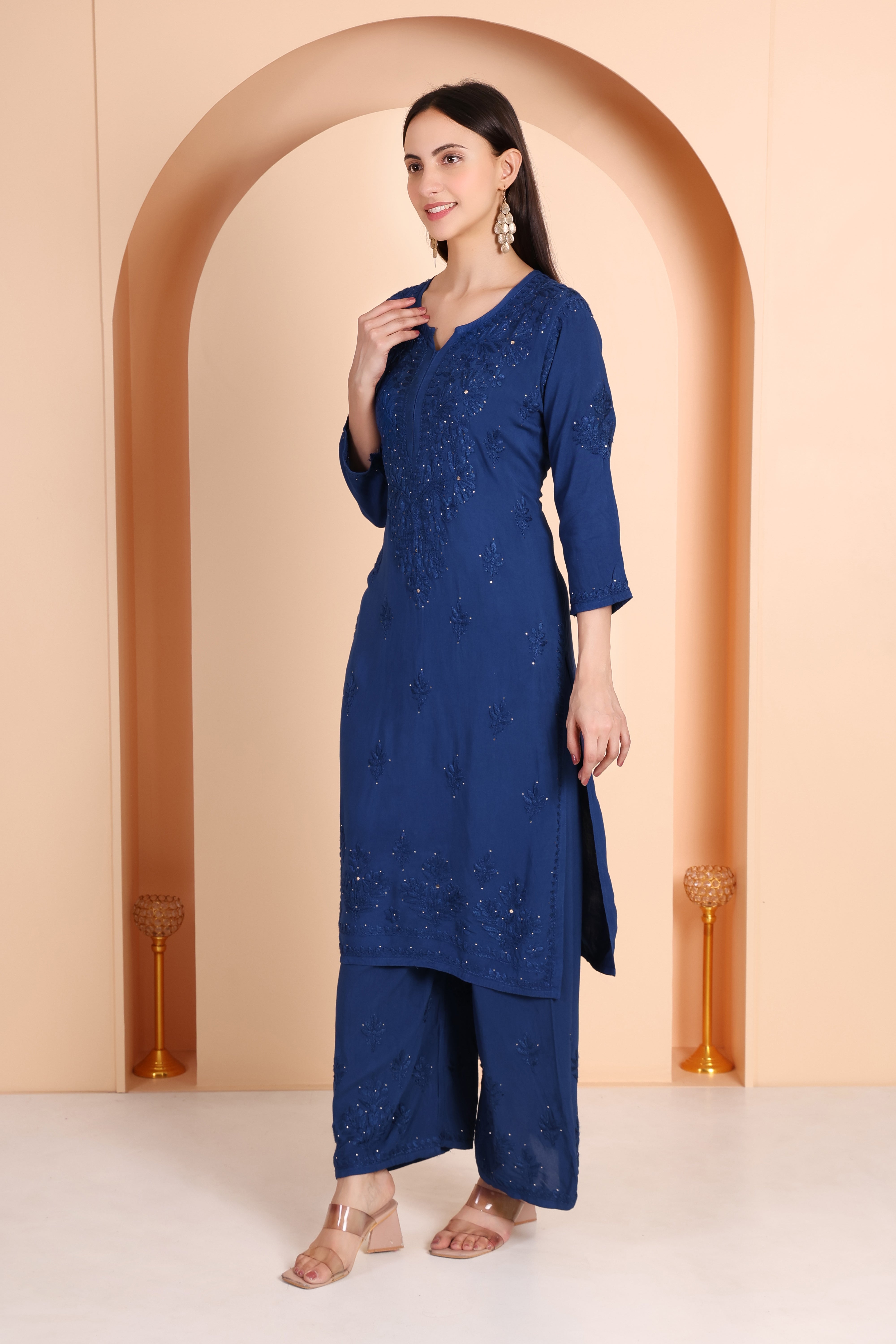 Kehkasha Modal Mukaish Chikankari Kurti Set-Blue