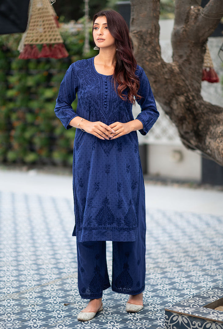 Hayat Chikankari Kurti Set Navy Blue