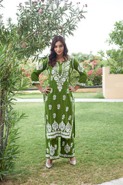 Surbala Modal Chikankari Kurti Set Parrot-Green